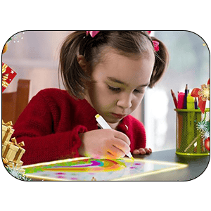 Colorful kids' arts and craft supplies with a young girl drawing, emphasizing holiday and creative toys for children at Holidaytoy.