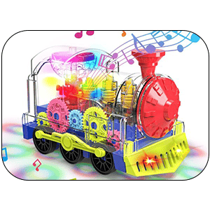 Colorful musical toy train with bright gears and lights, perfect for children’s entertainment and educational play, ideal for holiday gift-giving and early learning activities.