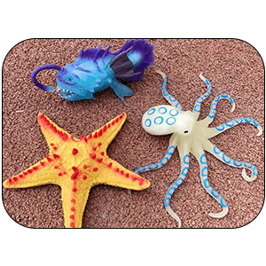 Colorful sea creature plush toys with vibrant blue fish, bright yellow starfish, and white octopus, perfect as children's bath toys or party favors, seaside-themed decorations, or educational marine life plushies.